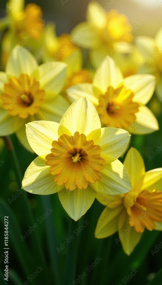 Dense cluster of daffodils, sunlight highlights petals, macro photography, daffodils Dense cluster of daffodils, sunlight highlights petals, macro photography, daffodils