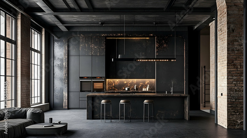 Wallpaper Mural Dark industrial loft kitchen interior design, city view, modern appliances, island seating Torontodigital.ca