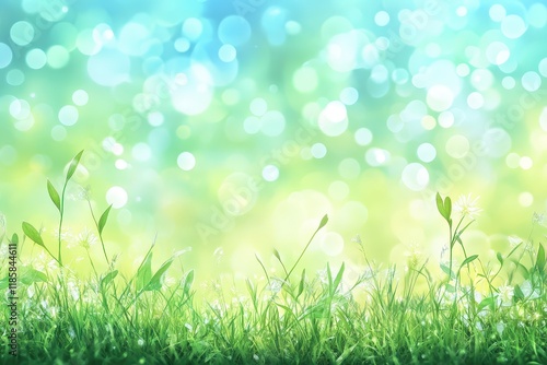 Bright and Sunny Meadow Landscape with Blurred Background Featuring Bokeh Effects and Lush Greenery for Tranquil Nature Scenes