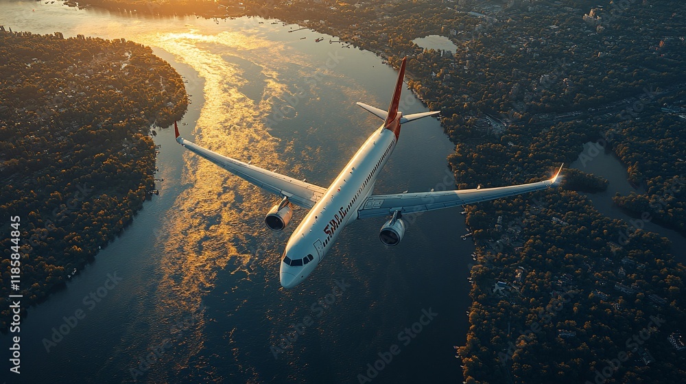 Fototapeta premium Modern Aircraft Gliding Over Serene River Landscape