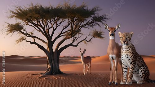 Tiger with Deer against Akacia Tree in Desert, Animals In Desert, International Wildlife Week, World Wildlife Day, National Wildlife Day, National Animal, Religious Animal, Generative Ai photo