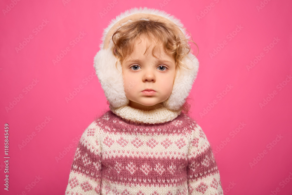 A young child dressed warmly in a knitted sweater and fluffy earmuffs stands against a bright pink backdrop. The expression is serious, creating a striking contrast with the playful setting A young child dressed warmly in a knitted sweater and fluffy earmuffs stands against a bright pink backdrop. The expression is serious, creating a striking contrast with the playful setting
