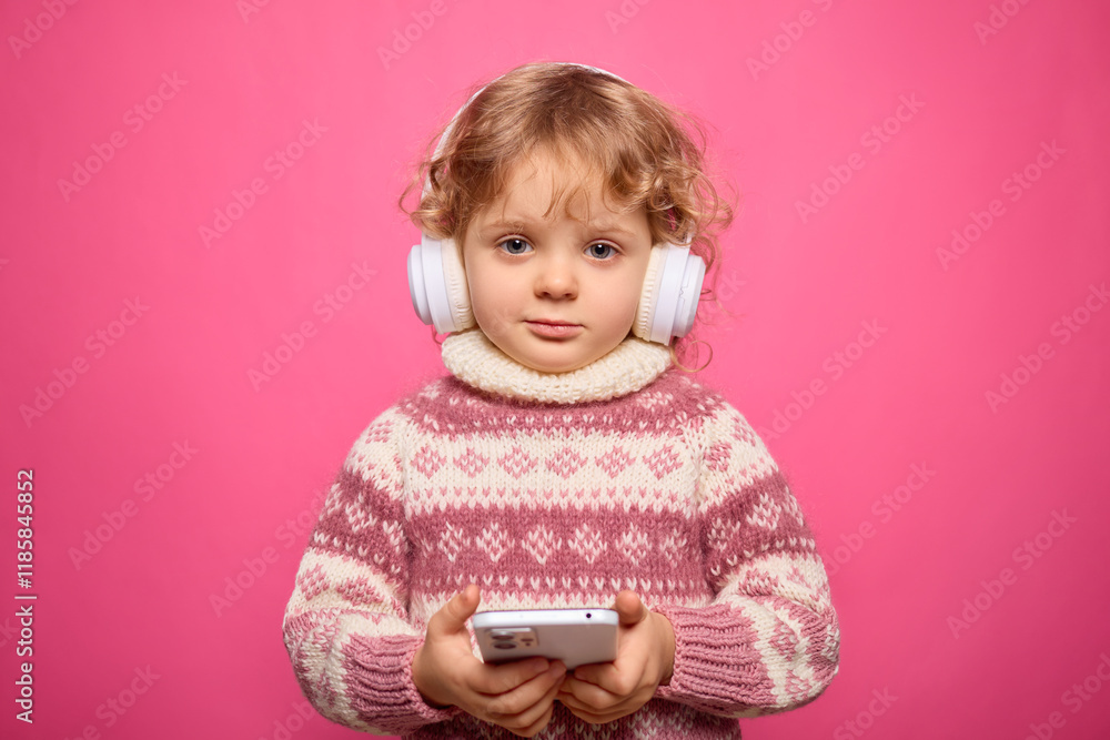 A young child with curly blonde hair wears white headphones and holds a smartphone. Dressed in a cozy pink sweater, the child appears absorbed in the music A young child with curly blonde hair wears white headphones and holds a smartphone. Dressed in a cozy pink sweater, the child appears absorbed in the music