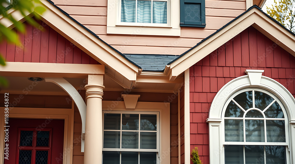 Fototapeta premium A two-toned house exterior featuring red and beige siding. The image showcases a front entrance with a red door, arched windows, and a columned porch. Upper windows have dark shutters.