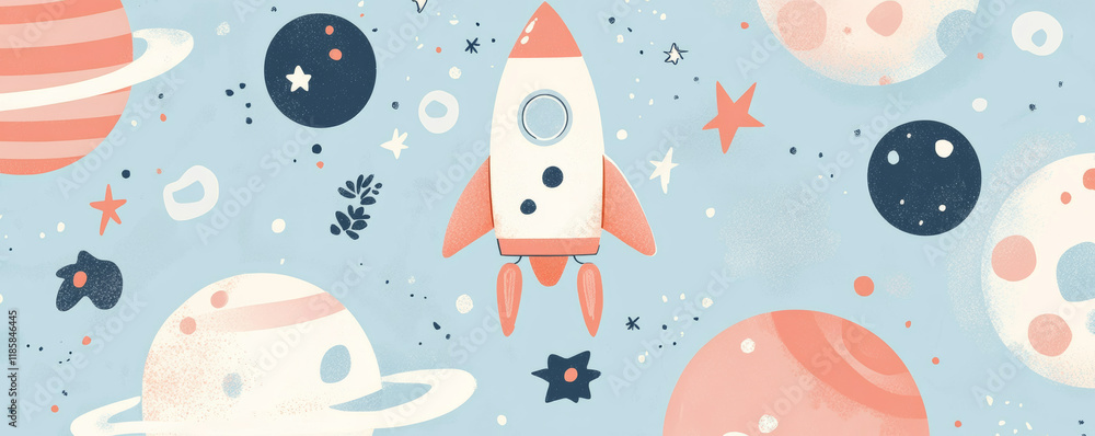 Naklejka premium playful rocket flying past happy planets in pastel space scene, filled with stars and colorful celestial bodies, creating whimsical and cheerful atmosphere