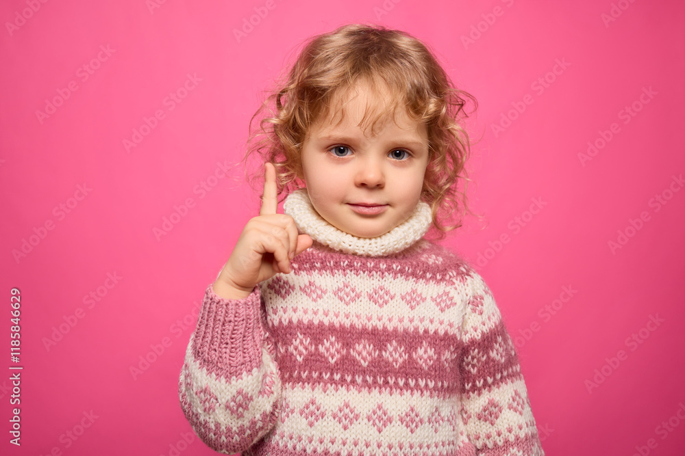 A cheerful young girl with curly hair raises her finger, signaling a point or idea. She wears a warm, patterned sweater against a vibrant pink backdrop A cheerful young girl with curly hair raises her finger, signaling a point or idea. She wears a warm, patterned sweater against a vibrant pink backdrop