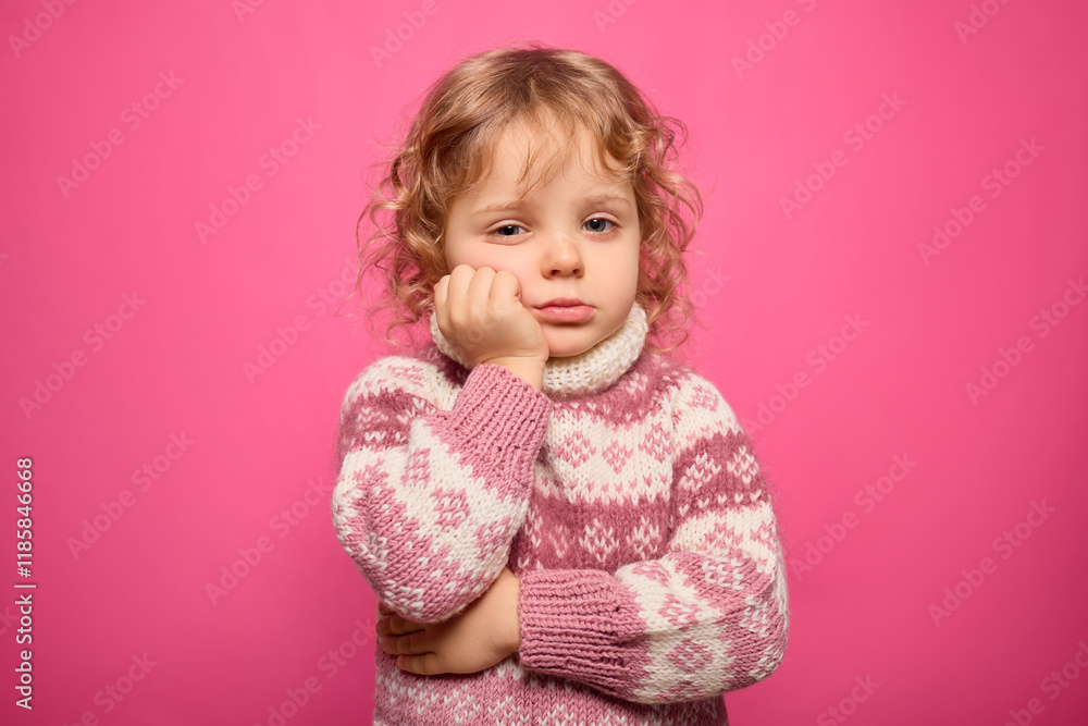 A toddler with curly hair stands with a bored expression. Wearing a cozy sweater, she rests her chin on her hand while gazing thoughtfully at the camera, set against a vibrant pink backdrop A toddler with curly hair stands with a bored expression. Wearing a cozy sweater, she rests her chin on her hand while gazing thoughtfully at the camera, set against a vibrant pink backdrop