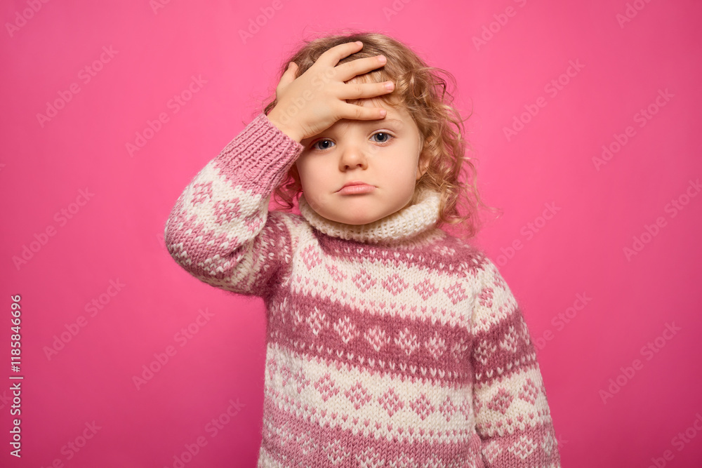 A young child stands with a puzzled expression, hand on forehead, wearing a colorful sweater. The backdrop is vibrant pink, enhancing the playful yet contemplative mood A young child stands with a puzzled expression, hand on forehead, wearing a colorful sweater. The backdrop is vibrant pink, enhancing the playful yet contemplative mood