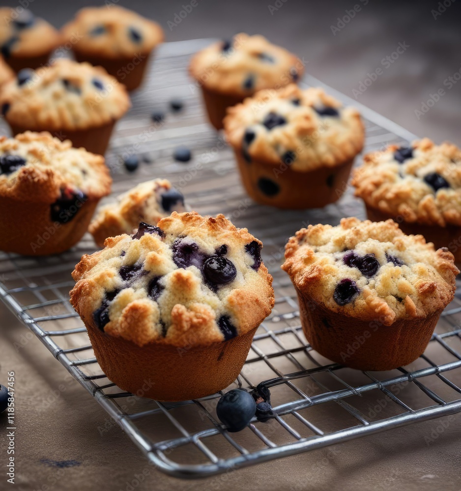 A blueberry muffin with a crumbly streusel topping on a wire rack, kitchen, dessert, food A blueberry muffin with a crumbly streusel topping on a wire rack, kitchen, dessert, food