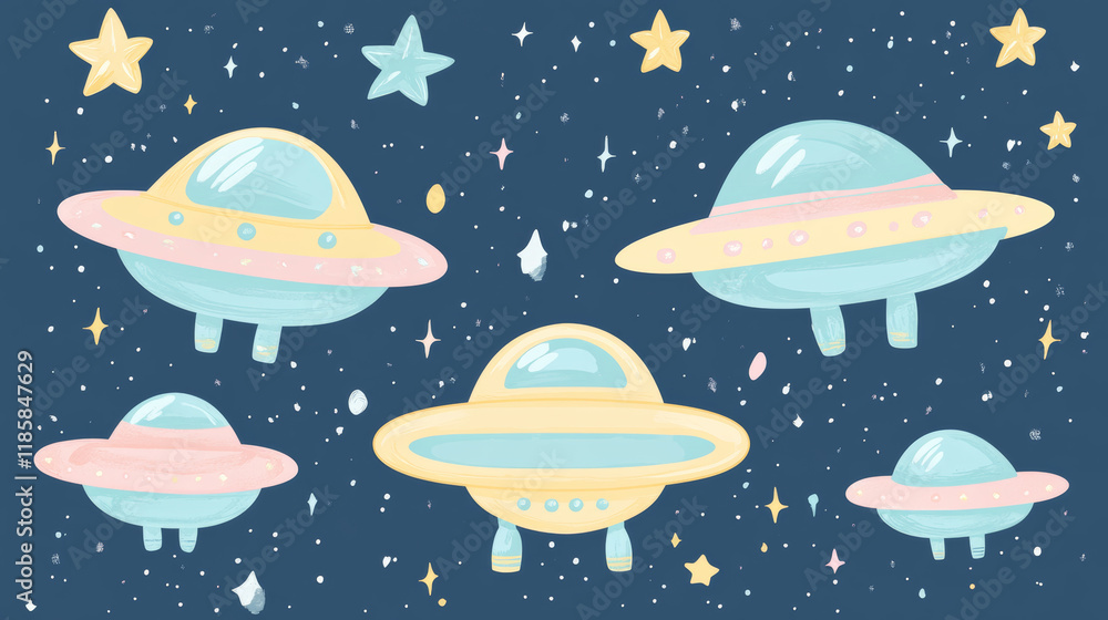 Friendly UFOs in whimsical space scene with stars and planets create playful atmosphere. This colorful wall art is perfect for children rooms or space enthusiasts Friendly UFOs in whimsical space scene with stars and planets create playful atmosphere. This colorful wall art is perfect for children rooms or space enthusiasts