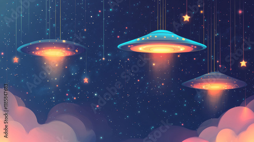 Space themed wall art featuring friendly UFOs, glowing lights, and stars in dreamy night sky. Perfect for adding whimsical touch to any room photo