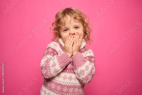 A cheerful young girl with curly hair laughs and covers her mouth with her hands, showcasing her playful spirit in front of a vibrant pink background photo