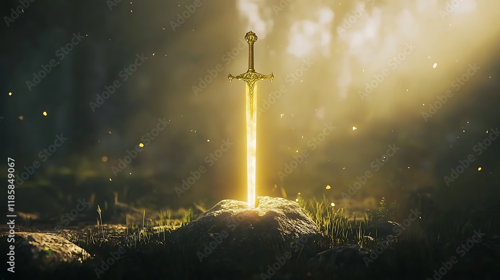Naklejka premium A golden sword is on a rock in a field