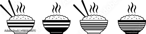 Rice bowl or bowl with food icons. Vector icon set black filled and outlined style. Vector illustration