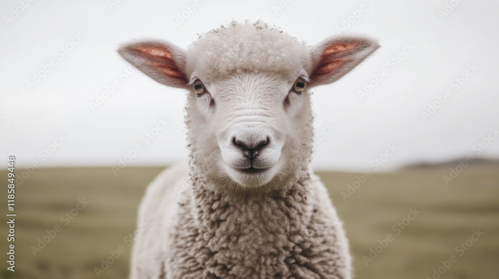 Fototapeta premium Close-up portrait of a young, fluffy white sheep looking directly at the camera in a field.