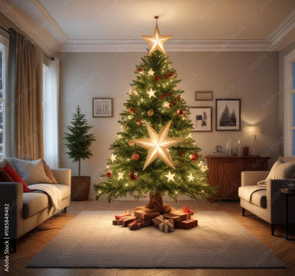 A beautifully decorated star-shaped Christmas tree in a cozy living room , tree, star, twinkling lights