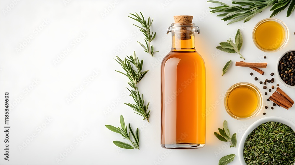 Herbal tea bottle with delicate glass cup, surrounded by fresh herbs and spices, open ad design space, soothing and premium aesthetic Herbal tea bottle with delicate glass cup, surrounded by fresh herbs and spices, open ad design space, soothing and premium aesthetic