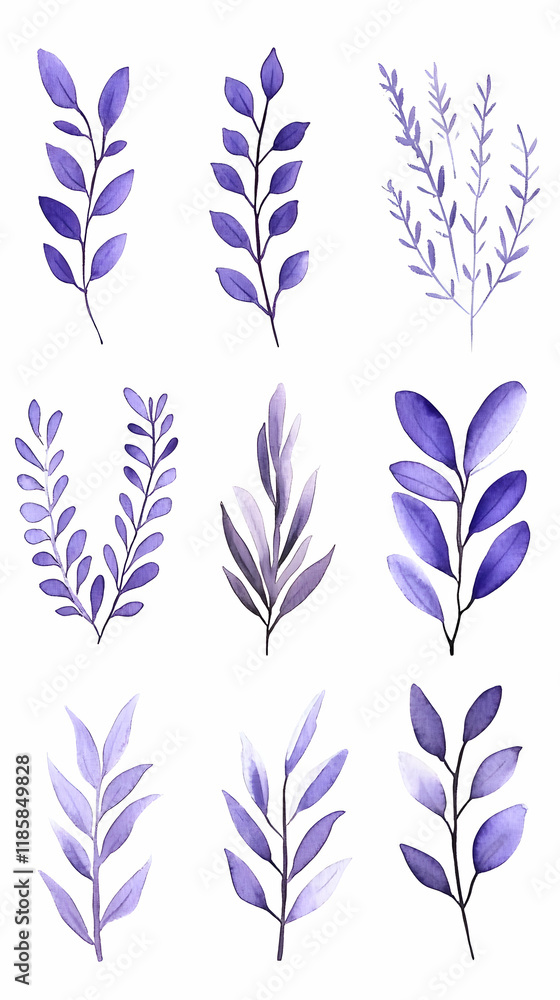 Naklejka premium Purple Watercolor Leaves Decorate Beautifully with Floral Elegance