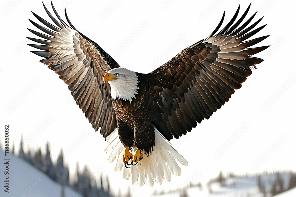 Eagle Soars with Majestic Wings over Winter Wonderland Gracefully Eagle Soars with Majestic Wings over Winter Wonderland Gracefully