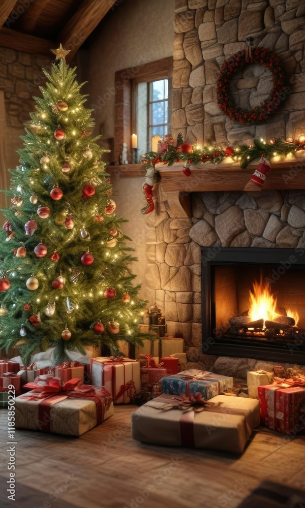 A beautifully decorated Christmas tree sits atop a wooden mantel in front of a large stone fireplace with presents surrounding it , holiday decor, garland