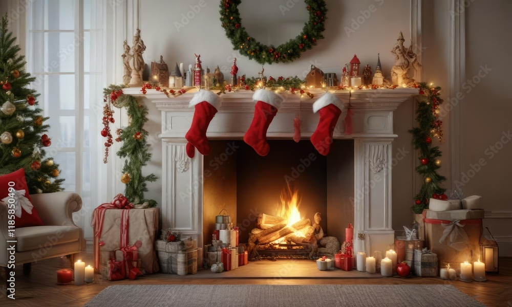 Obraz premium A beautifully decorated Christmas mantel with stockings and festive decorations, colorful stockings, Christmas mantel