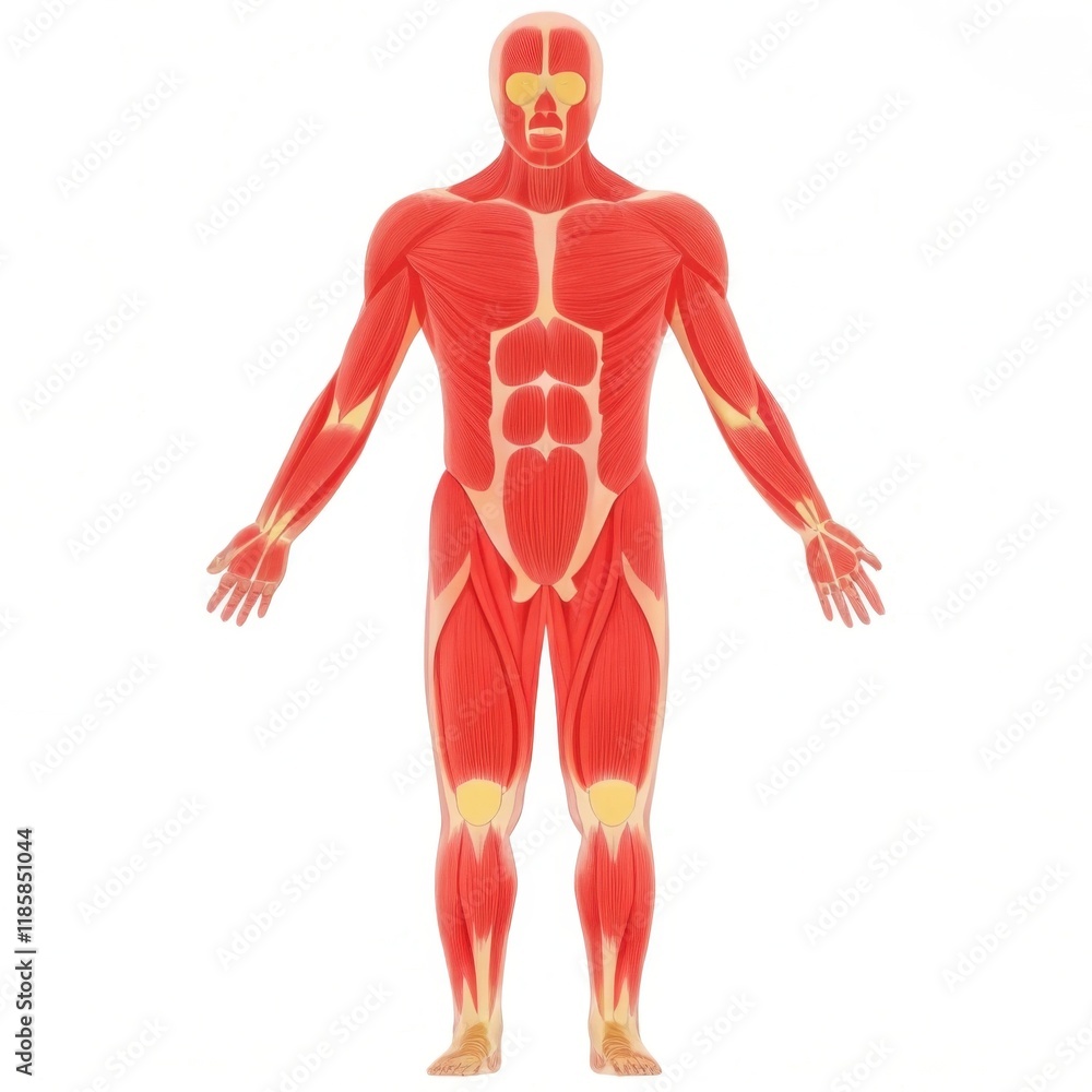 A detailed human anatomy model highlighting muscle structure, showcasing various muscle groups and their placements on a male figure. A detailed human anatomy model highlighting muscle structure, showcasing various muscle groups and their placements on a male figure.