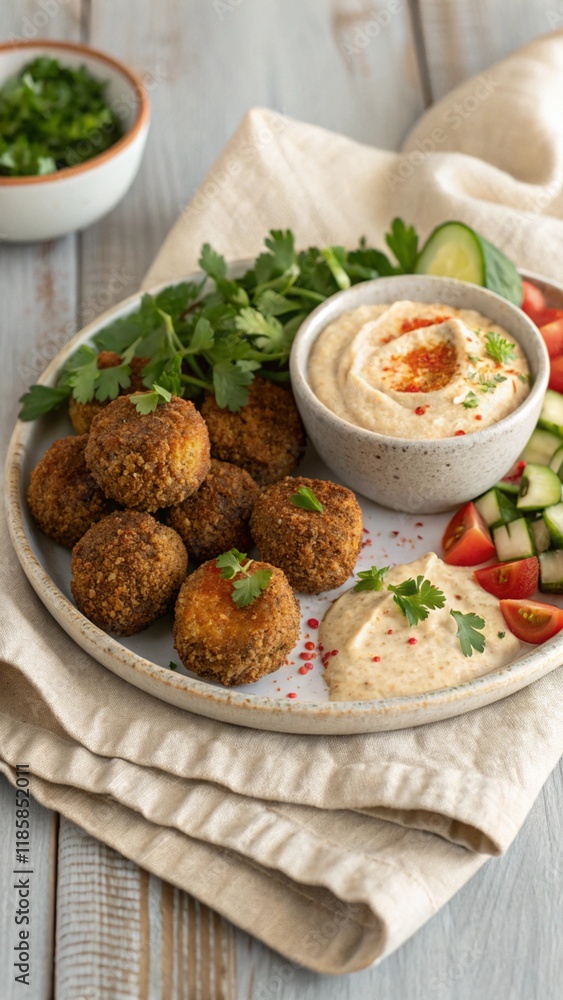 Falafel with Tahini, Hummus, and Fresh Mediterranean Salad Falafel with Tahini, Hummus, and Fresh Mediterranean Salad