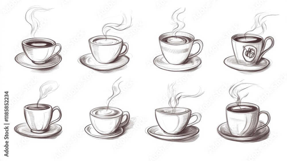 Set of hot coffee beverage doodle sketches showing steaming cups and mugs of hot coffee or chocolate, isolated on white Set of hot coffee beverage doodle sketches showing steaming cups and mugs of hot coffee or chocolate, isolated on white