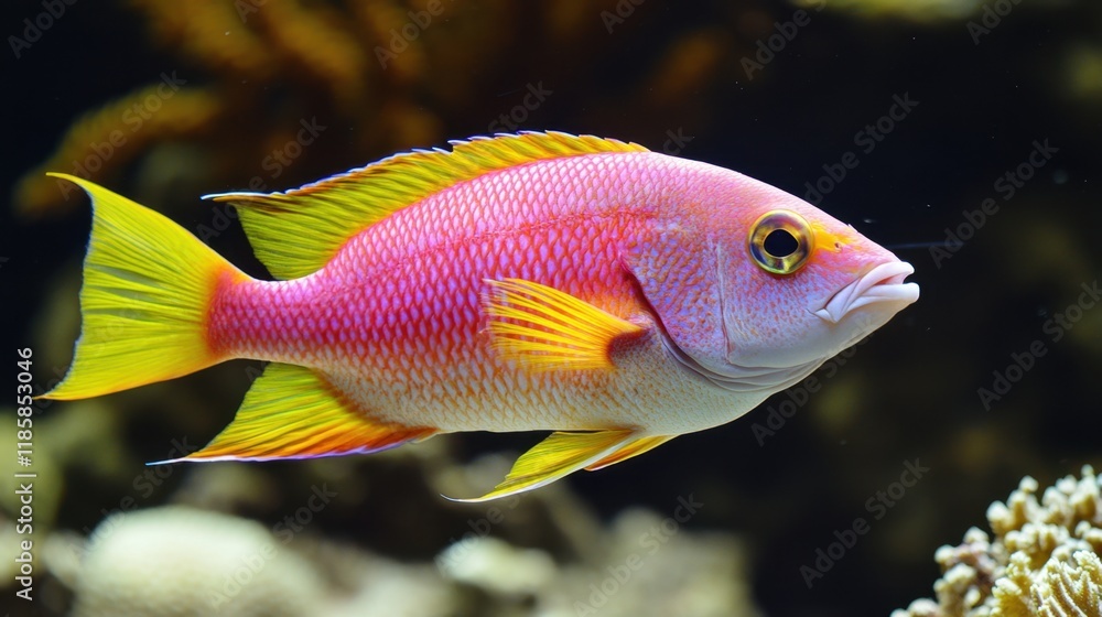 A large, colorful snapper fish swimming along a coral reef edge A large, colorful snapper fish swimming along a coral reef edge