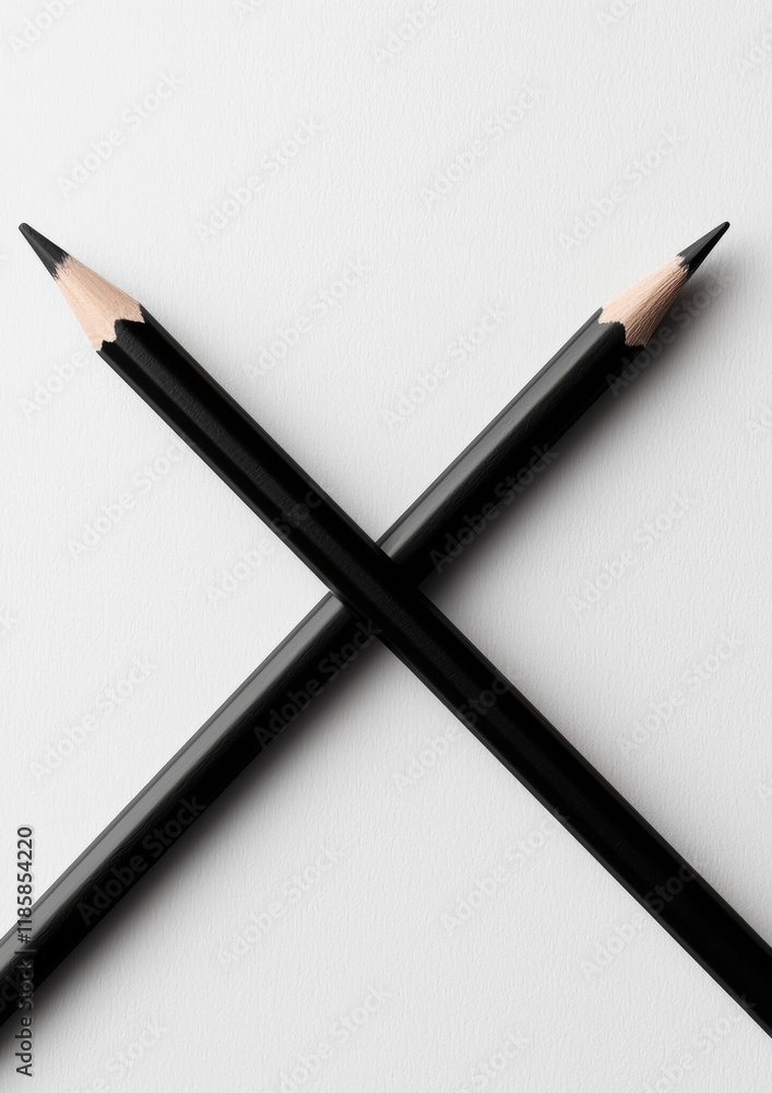 Two black pencils are crossed over each other on a white background Two black pencils are crossed over each other on a white background