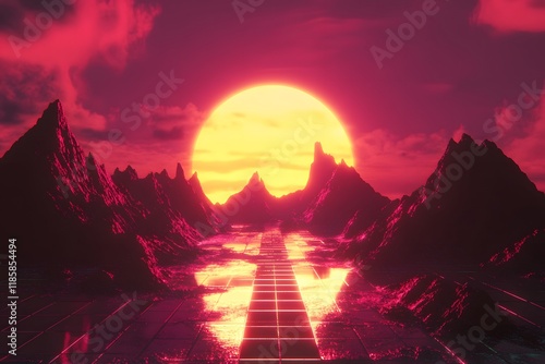 Retro sunset, mountain path, digital art, vibrant sky, game background photo