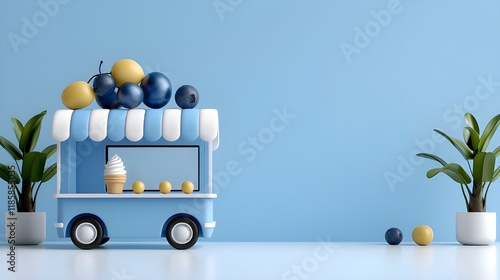 Three perspectives, a full body picture, a front, left, and back view, a desert, an icream car, a blueberry desert cart, and a 3D illustration style photo