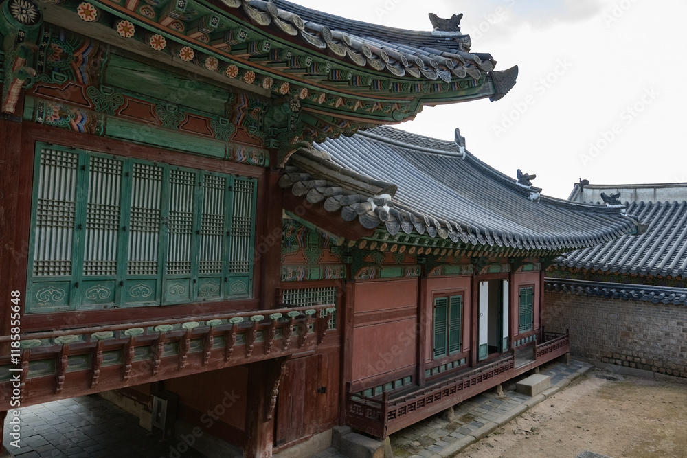 Exterior details at Deoksugung Palace, traditional palace architecture in Seoul, South Korea Exterior details at Deoksugung Palace, traditional palace architecture in Seoul, South Korea