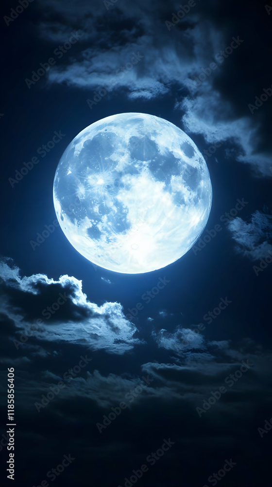 Naklejka premium Bright Full Moon Illuminates Night Sky with Clouds Gently Passing By
