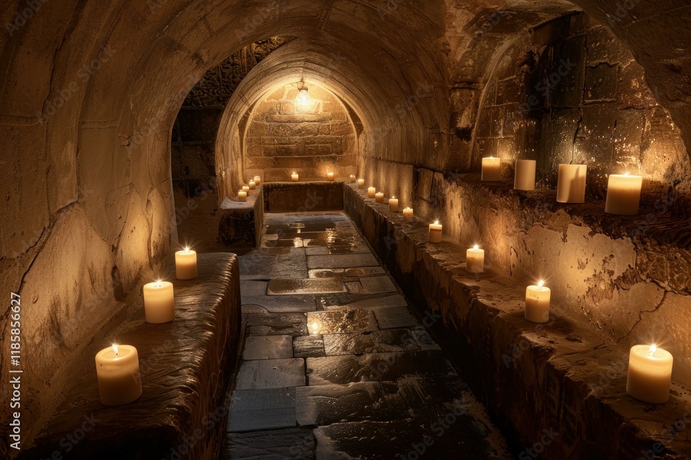 Many lit candles line stone ledges in a damp, ancient stone corridor with a single overhead light Many lit candles line stone ledges in a damp, ancient stone corridor with a single overhead light