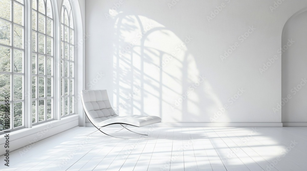 Obraz premium Modern white room with chaise lounge, large window, and sunlit floor.