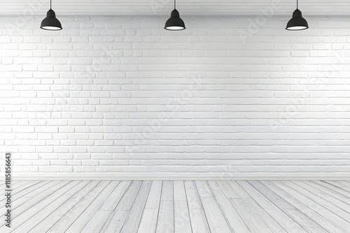 Empty white brick room, wood floor, lights, interior design photo