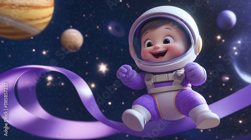 Happy baby astronaut floating in space on purple ribbon. photo