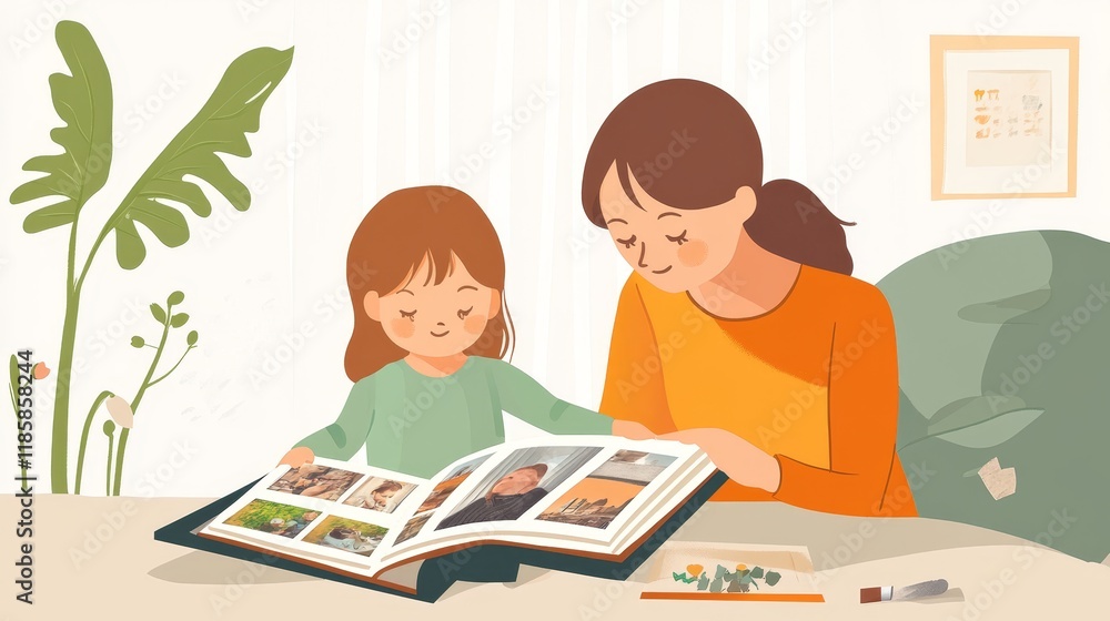 A Heartwarming Moment of a Mother and Daughter Looking Through a Photo Album Together, Cherishing Memories in a Cozy Environment with Artistic Touches A Heartwarming Moment of a Mother and Daughter Looking Through a Photo Album Together, Cherishing Memories in a Cozy Environment with Artistic Touches
