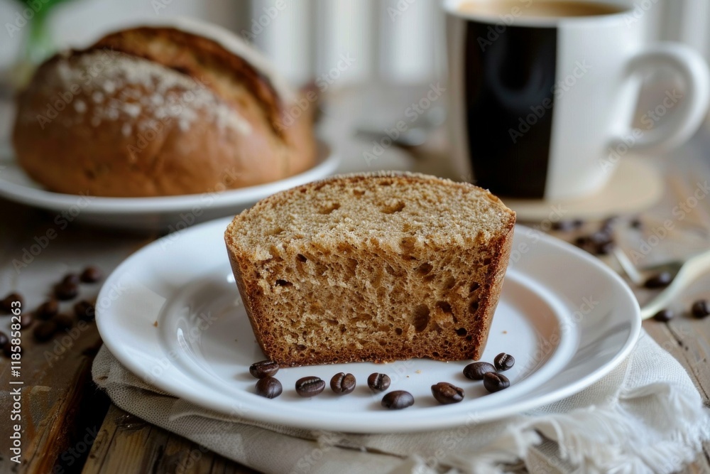 Coffee cake slice with coffee beans on a white plate and a cup of coffee in background, perfect for breakfast or snack Coffee cake slice with coffee beans on a white plate and a cup of coffee in background, perfect for breakfast or snack