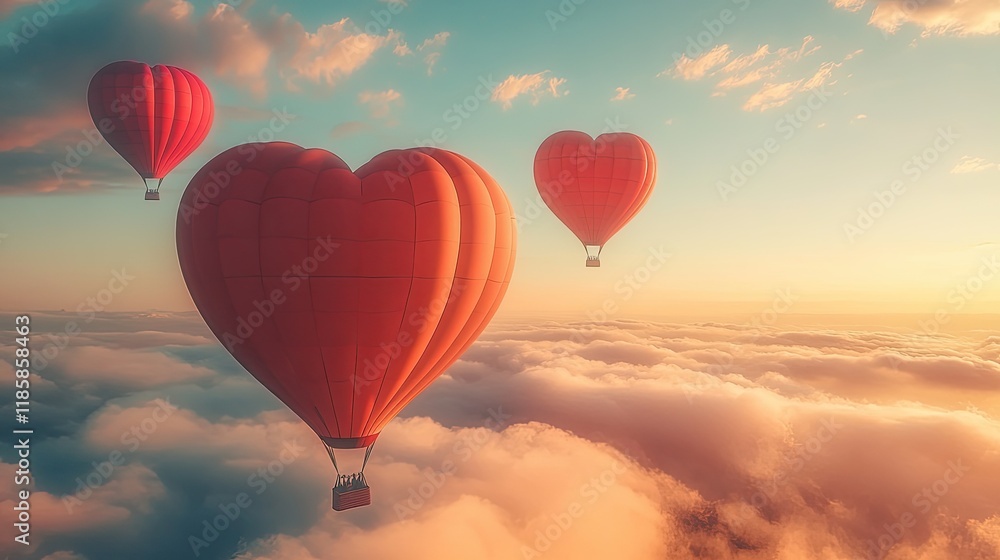 Obraz premium Heart-Shaped Hot Air Balloons Soaring Above Clouds at Sunset