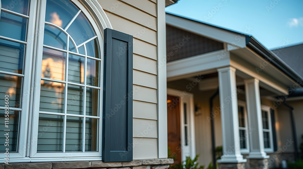Exterior View of Residential House with Arched Window and Shutters Exterior View of Residential House with Arched Window and Shutters
