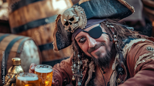 Cartoon italian pasta pirate or corsair character with beer, Italy cuisine food. Happy funghetto macaroni buccaneer sailor personage with black eye patch, bandana, rum barrels and beer tankards photo