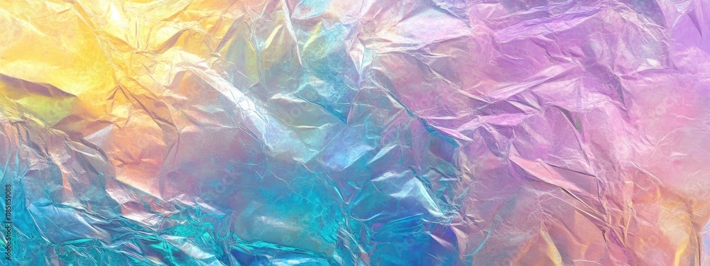 Ethereal holographic foil background showcasing iridescent colors and crumpled texture, creating a futuristic atmosphere Ethereal holographic foil background showcasing iridescent colors and crumpled texture, creating a futuristic atmosphere