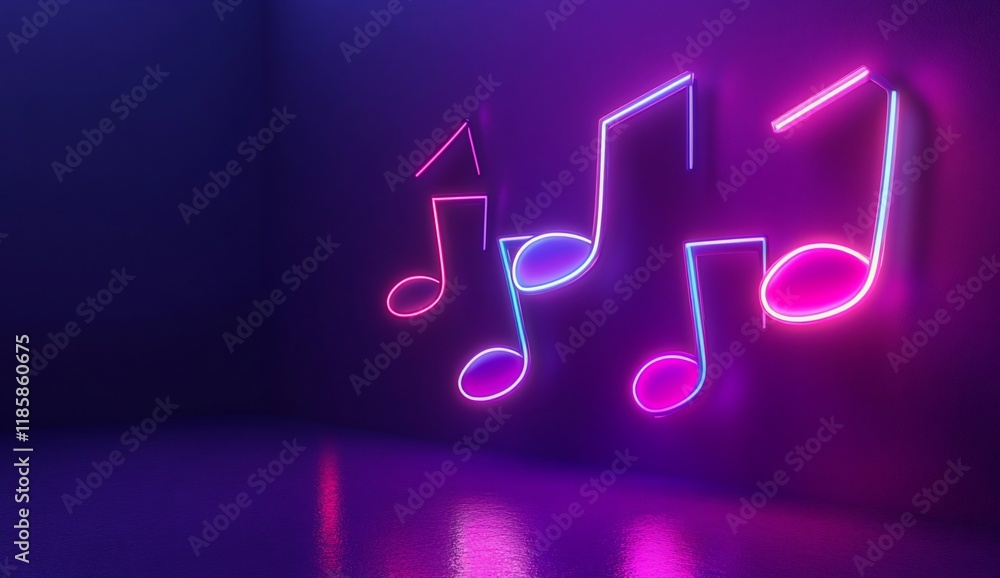 Glowing neon music notes on dark background. Glowing neon music notes on dark background.