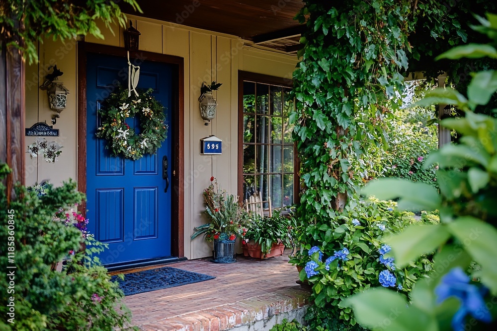 Naklejka premium Festive blue front door, wreath, plants, porch.