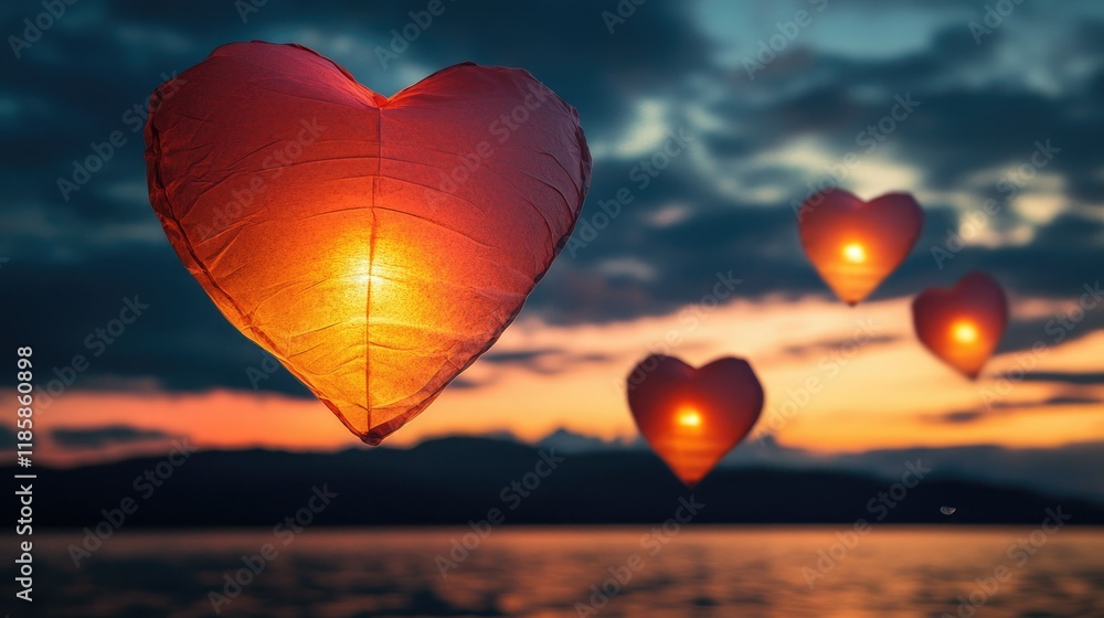 Fototapeta premium Romantic Heart Sky Lanterns at Sunset Over Lake