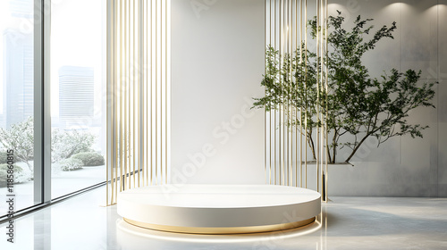 Realistic white 3d round podium set with gold backdrop partition for minimalist product display and stage showcase. photo