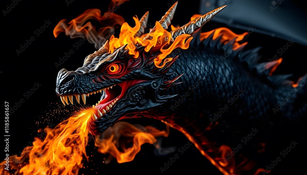 Black dragon on a black background. Generated by AI Dragon with fire in Black background. Black dragon on a black background. Generated by AI Dragon with fire in Black background.