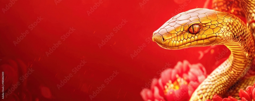 Chinese new year (Snake year) Background. A golden snake against a vibrant red background adorned with flowers, symbolizing beauty and mystique. Chinese new year (Snake year) Background. A golden snake against a vibrant red background adorned with flowers, symbolizing beauty and mystique.